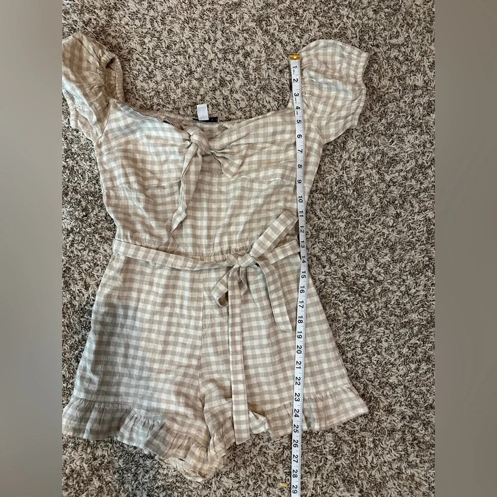 Topshop Gingham Bardot White/Tan Off-Shoulder Women’s Romper Size 4